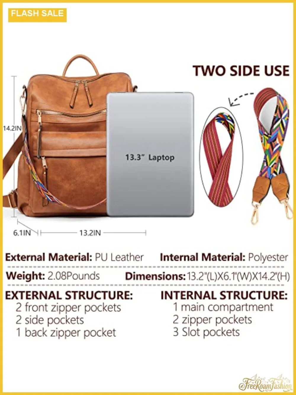 Women's Leather Backpack Purse, Faux Leather Travel Laptop Bag, Multi-Pocket